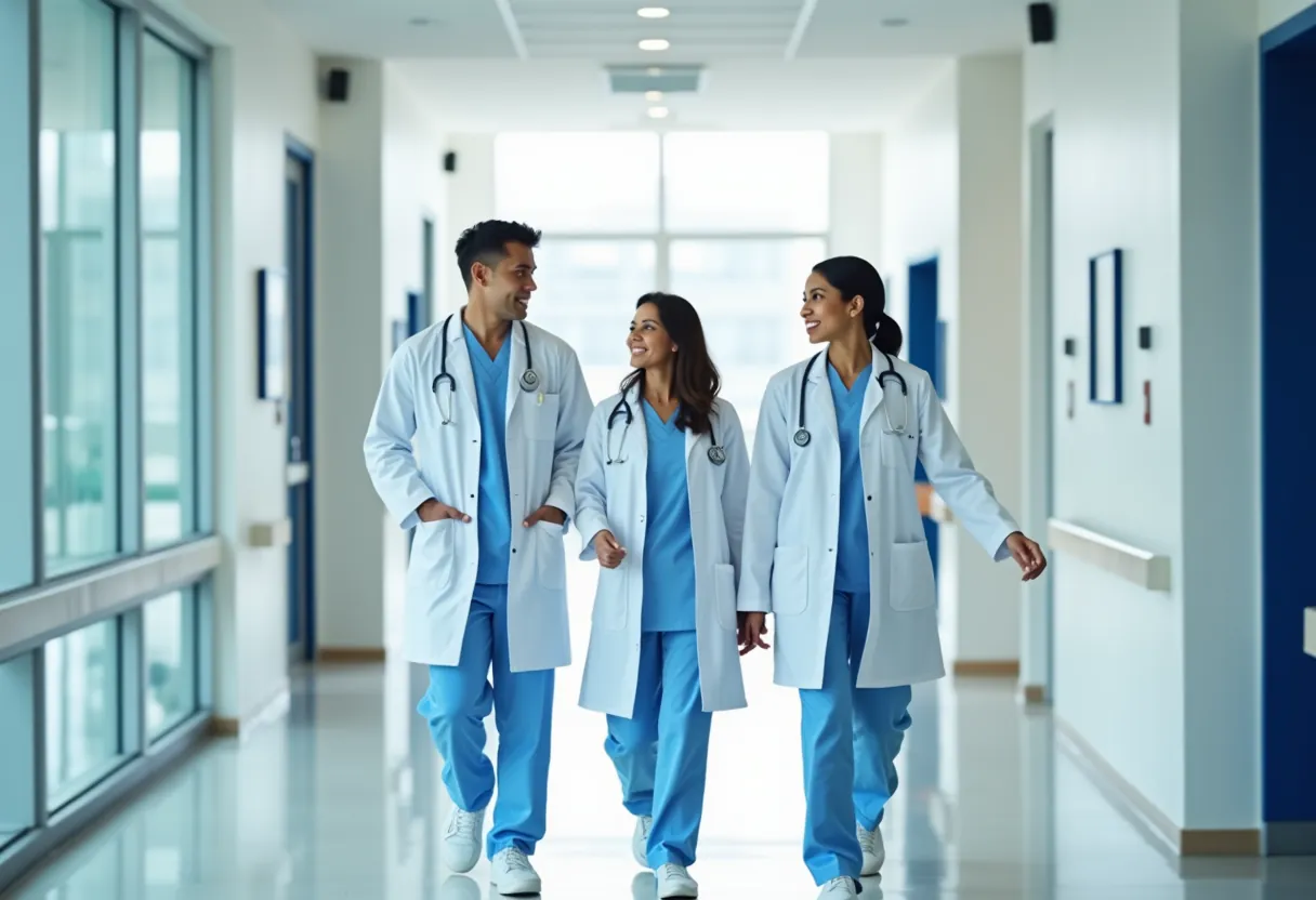 A medical team walking through a hospital corridor