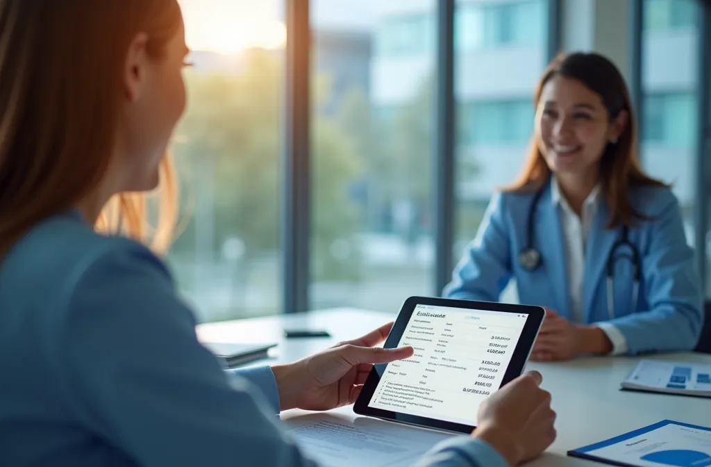 A patient coordinator going through a plan on a tablet with a doctor