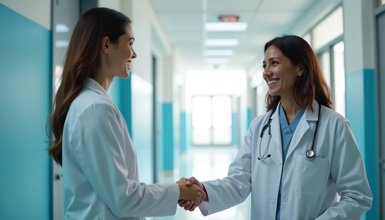 Two doctors greeting each other in a bright hospital corridor