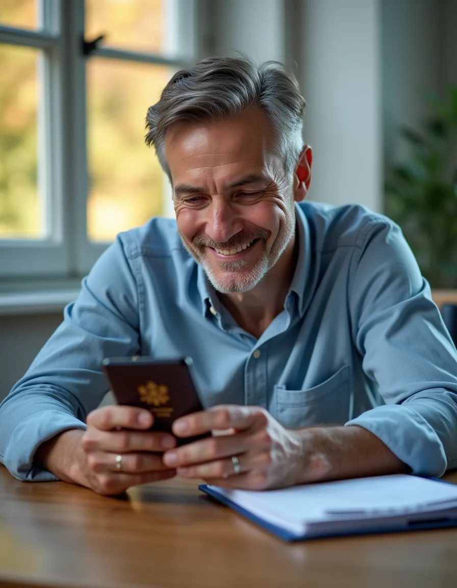A man holding his passport and phone while planning travel