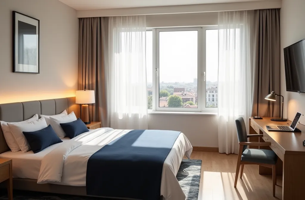 A bright, quiet hotel room with a made bed
